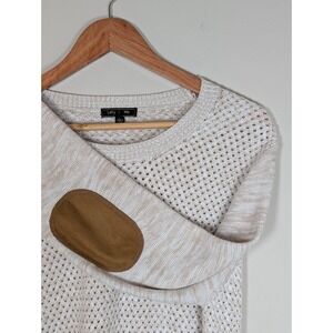 Lety & Me Cream Tan Open Knit Sweater Elbow Patches Large Preppy Cozy Classic